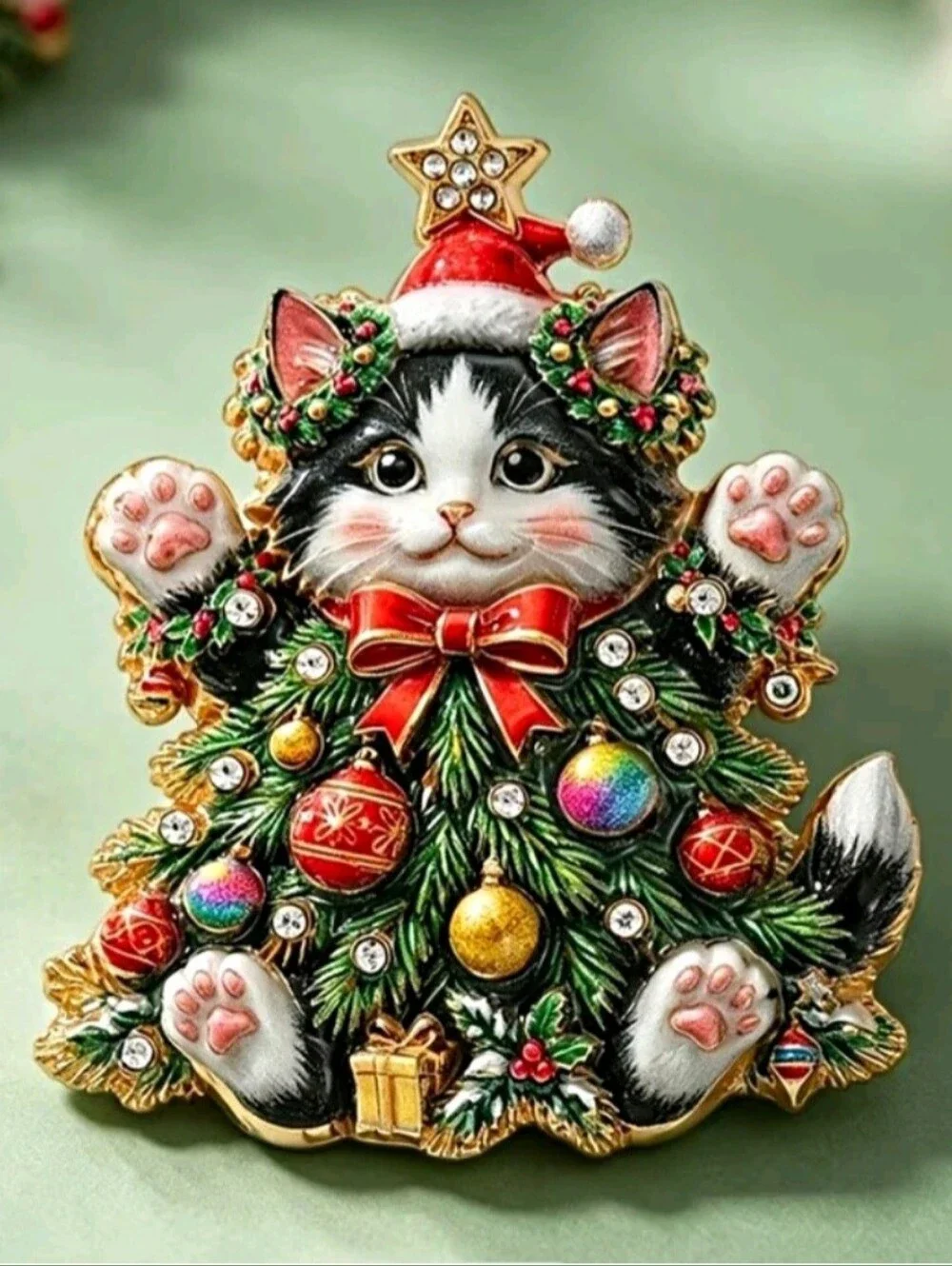 Christmas Pin Cat lover Hanging Ornament Santa Brooch Hat jewelry